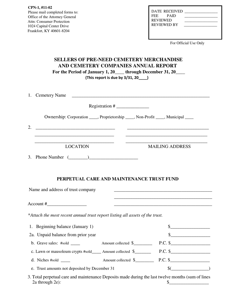 Form CPN-1 Sellers of Pre-need Cemetery Merchandise and Cemetery Companies Annual Reportin - Kentucky, Page 1