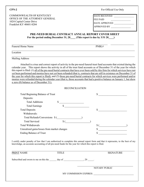 Form CPN-2 Pre-need Burial Contract Annual Report Cover Sheet - Kentucky