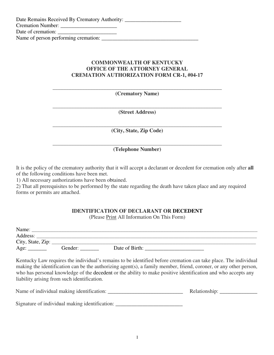 Form CR-1 Cremation Authorization Form - Kentucky, Page 1