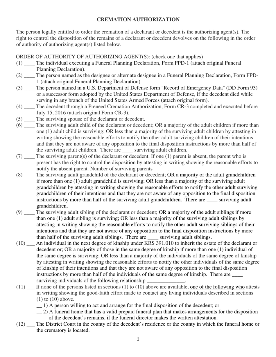 Form CR-1 Cremation Authorization Form - Kentucky, Page 2