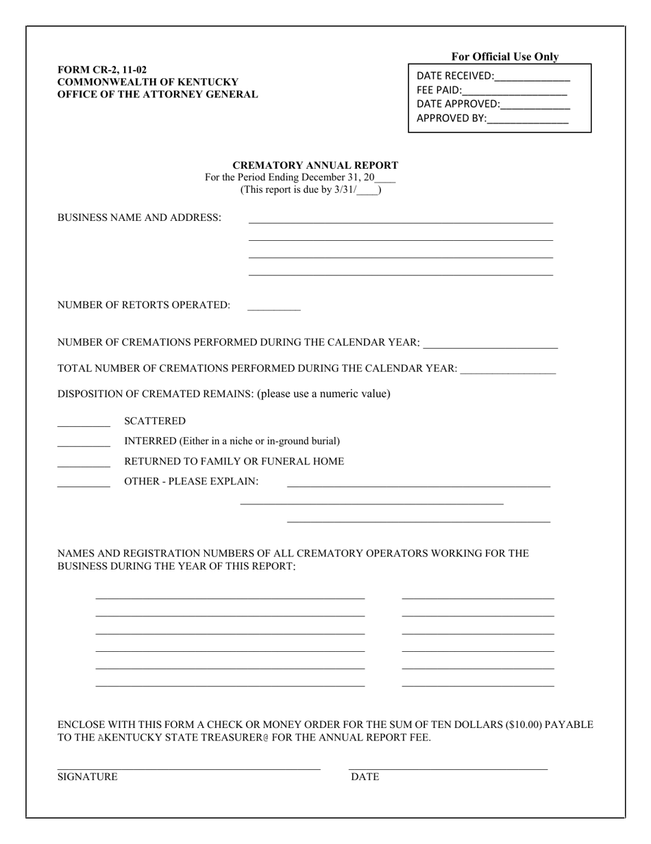 Form CR-2 Crematory Annual Report - Kentucky, Page 1