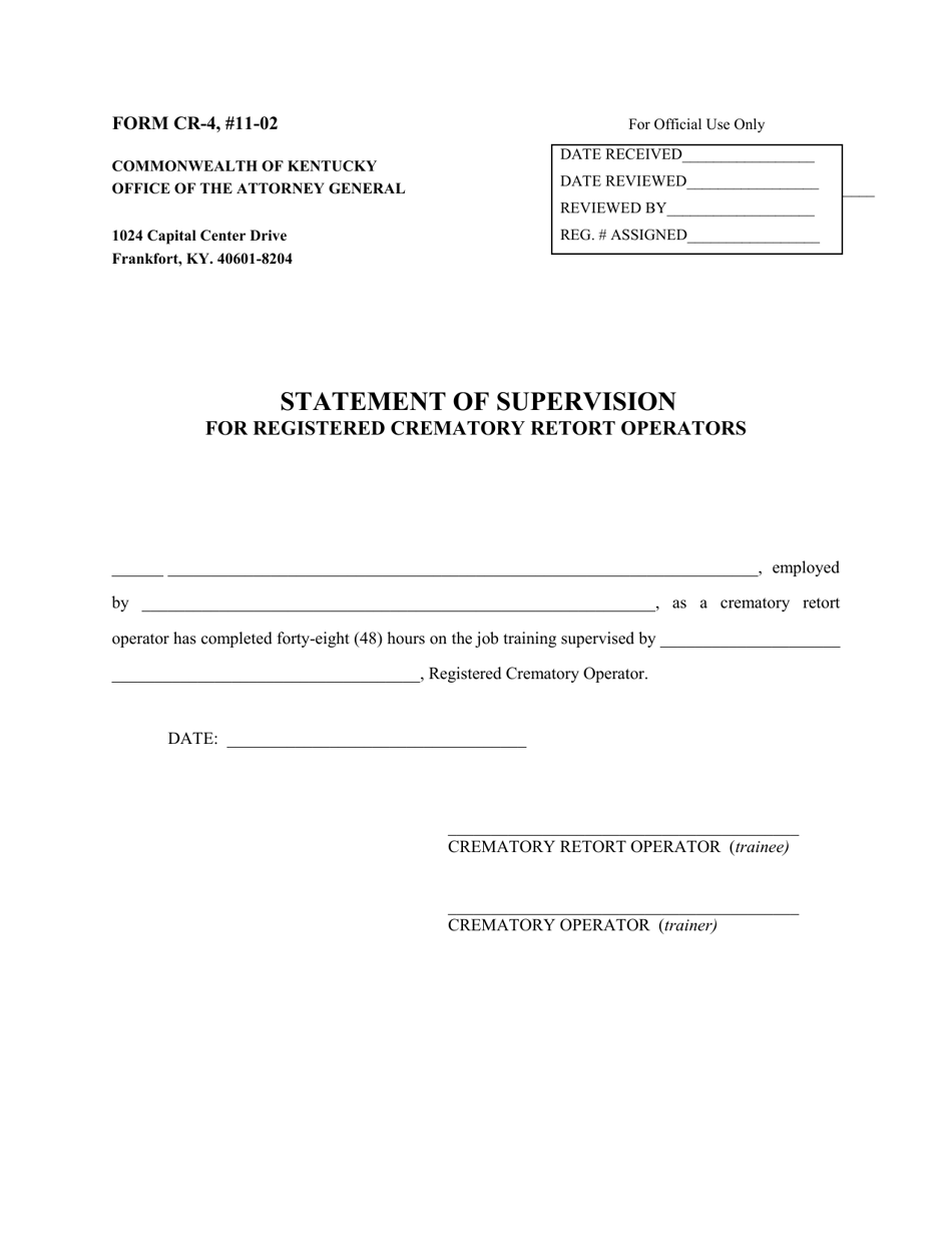Form CR-4 Statement of Supervision for Registered Crematory Retort Operators - Kentucky, Page 1