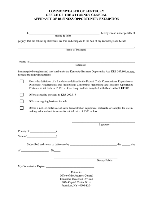 Affidavit of Business Opportunity Exemption - Kentucky