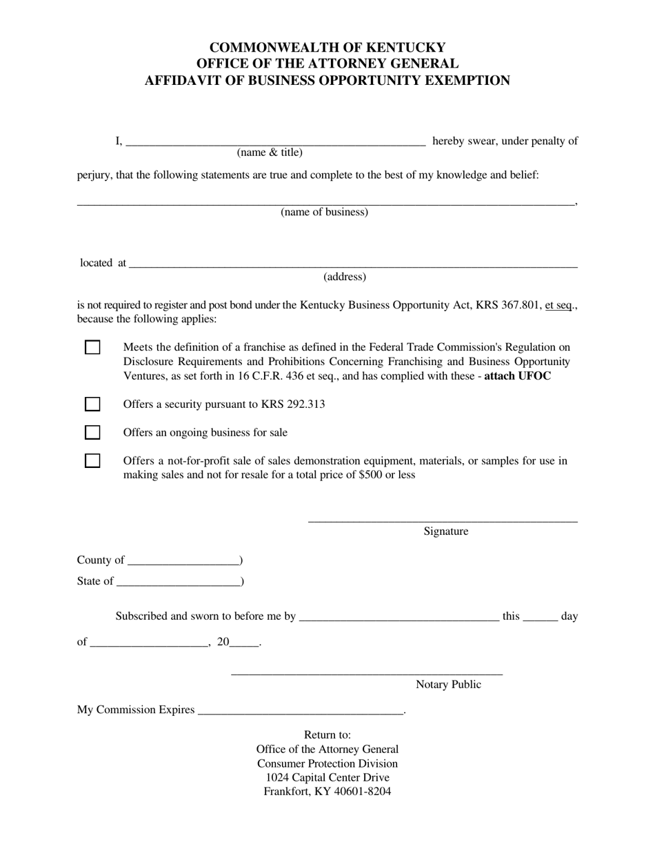 Affidavit of Business Opportunity Exemption - Kentucky, Page 1