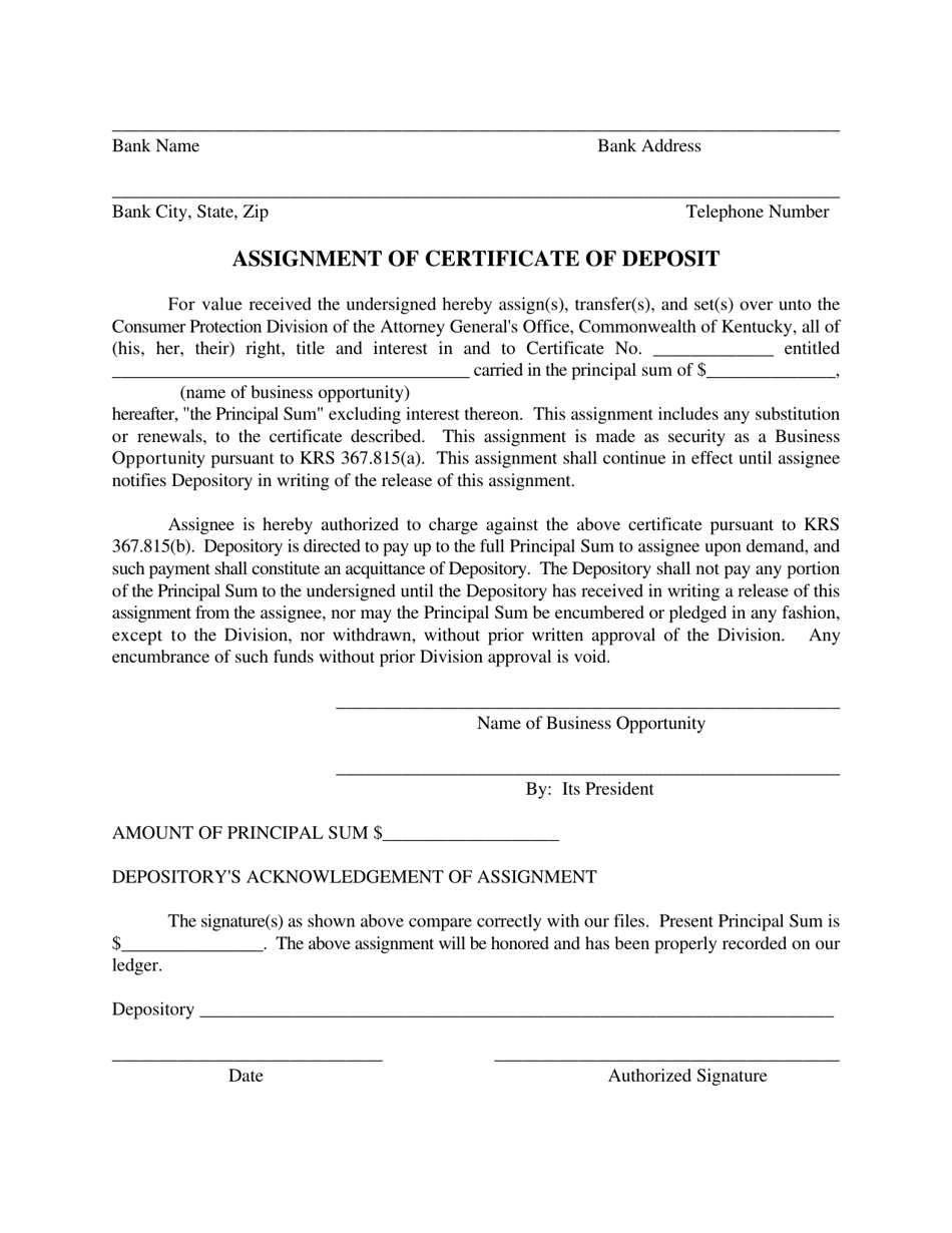 Assignment of Certificate of Deposit - Kentucky, Page 1