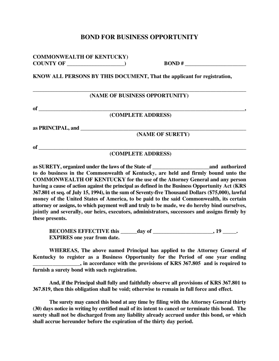 Bond for Business Opportunity - Kentucky, Page 1