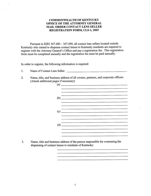 Mail Order Contact Lens Seller Registration Form - Kentucky