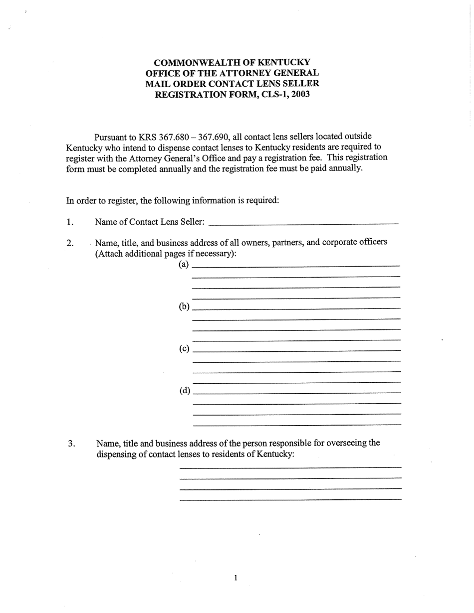 Mail Order Contact Lens Seller Registration Form - Kentucky, Page 1