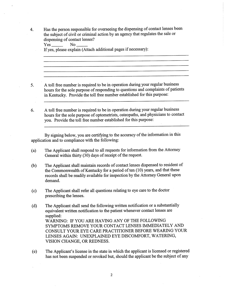 Mail Order Contact Lens Seller Registration Form - Kentucky, Page 2