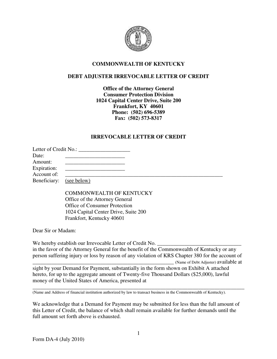Form DA-4 Debt Adjuster Irrevocable Letter of Credit - Kentucky, Page 1