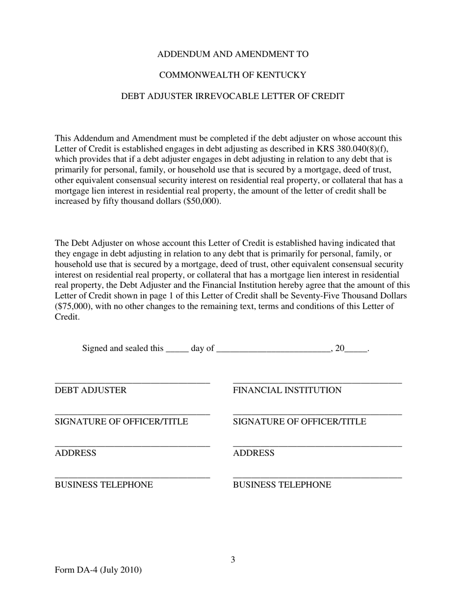 Form DA-4 Debt Adjuster Irrevocable Letter of Credit - Kentucky, Page 3