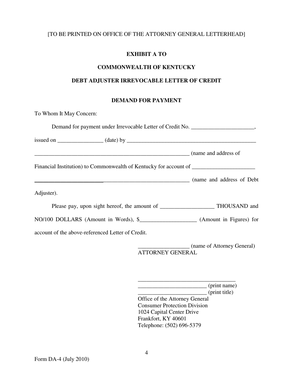 Form DA-4 Debt Adjuster Irrevocable Letter of Credit - Kentucky, Page 4