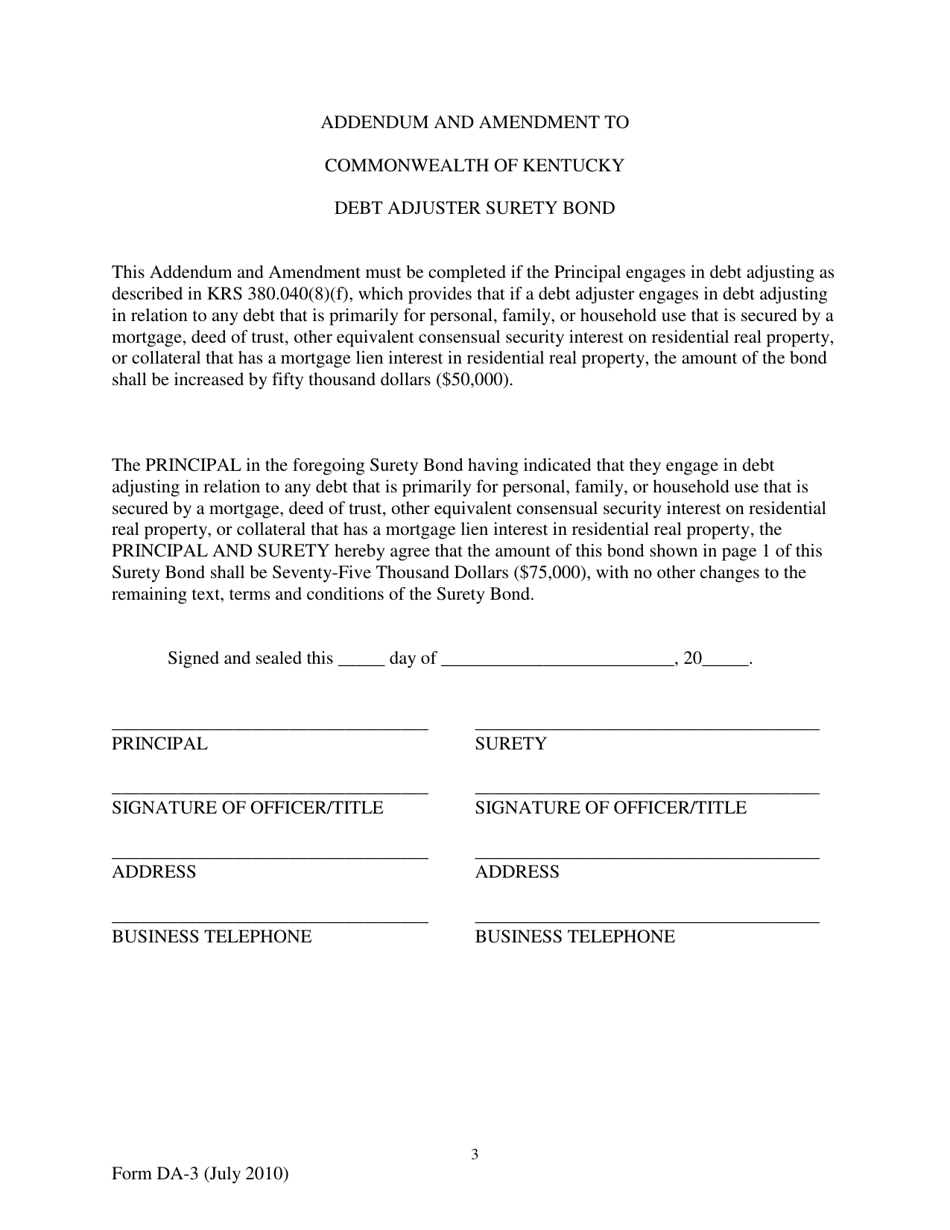 Form DA-3 Debt Adjuster Surety Bond - Kentucky, Page 3