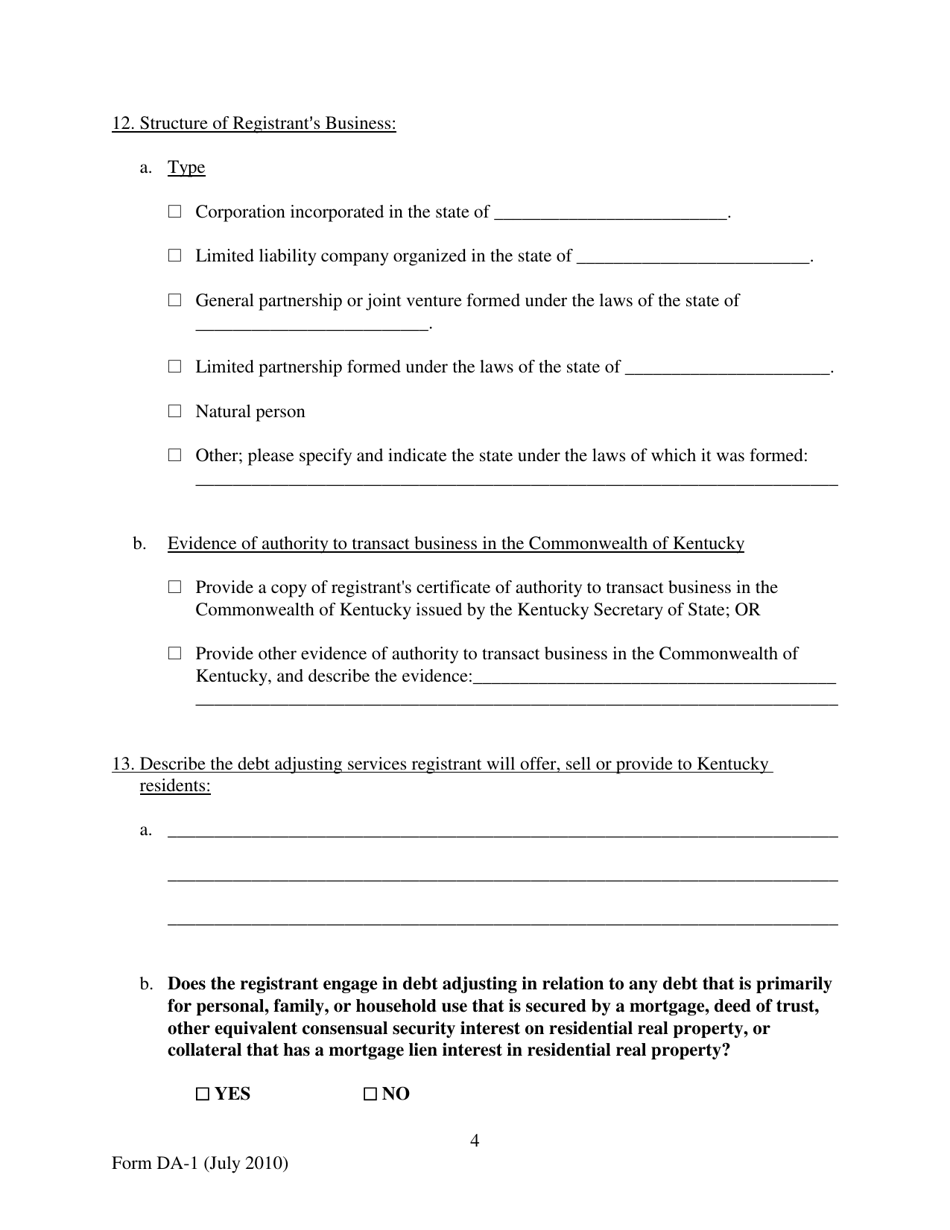 Form DA-1 Debt Adjuster Registration Statement - Kentucky, Page 4