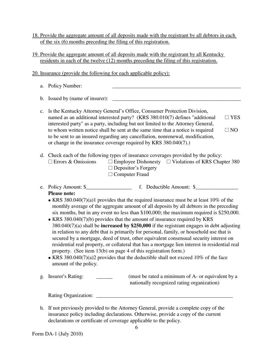 Form DA-1 Debt Adjuster Registration Statement - Kentucky, Page 6