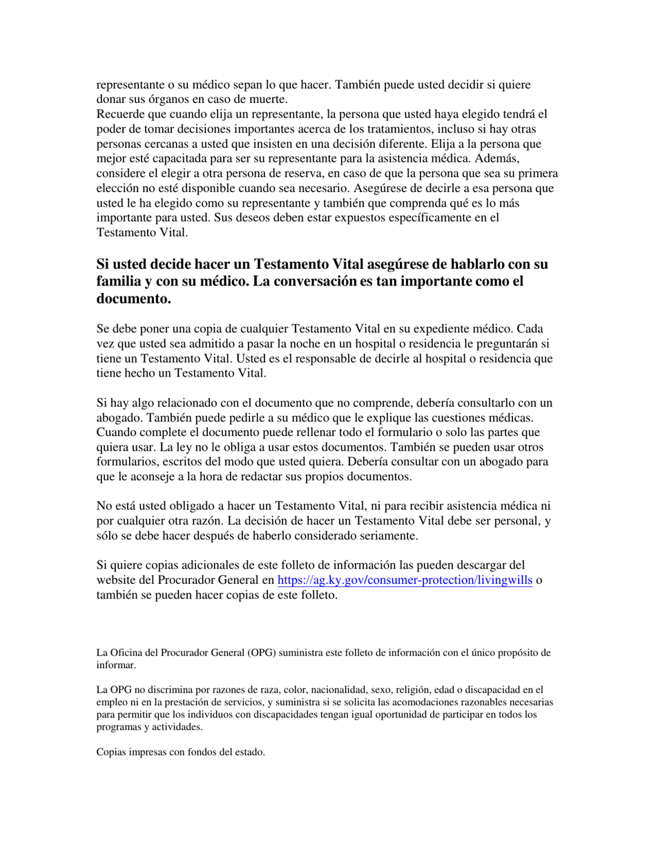 Directriz Para El Testamento Vital De Kentucky Y El Nombramiento Del Representantepara La Asistencia Medica - Kentucky (Spanish), Page 3