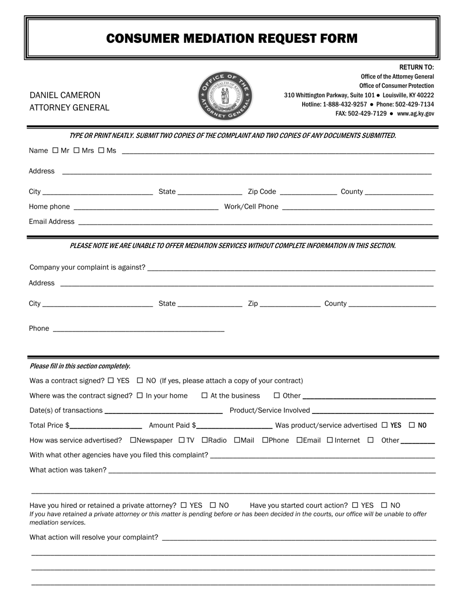 Consumer Mediation Request Form (Jefferson, Bullitt or Oldham Counties) - Kentucky, Page 2
