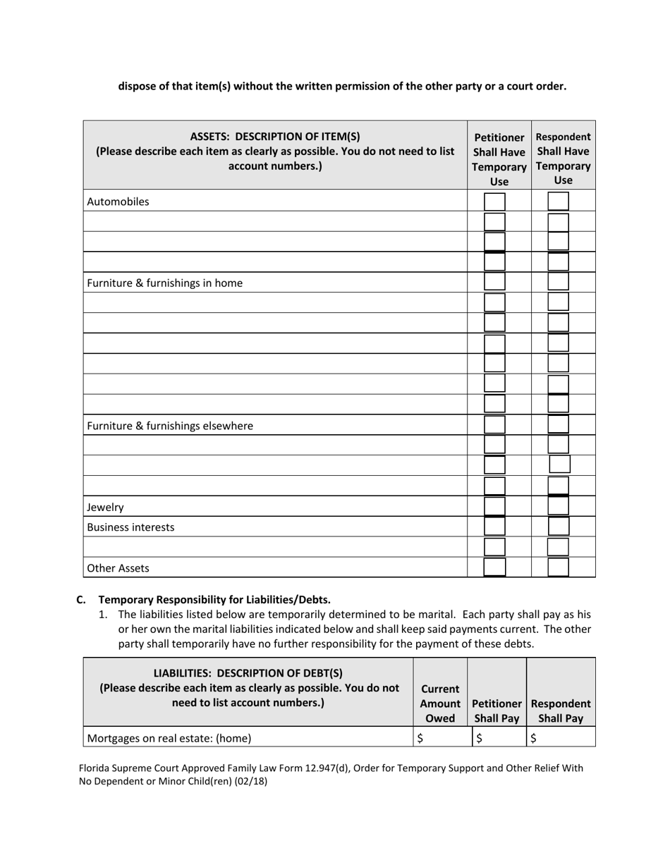 Form 12.947(D) Order for Temporary Support and Other Relief With No Dependent or Minor Child(Ren) - Florida, Page 2