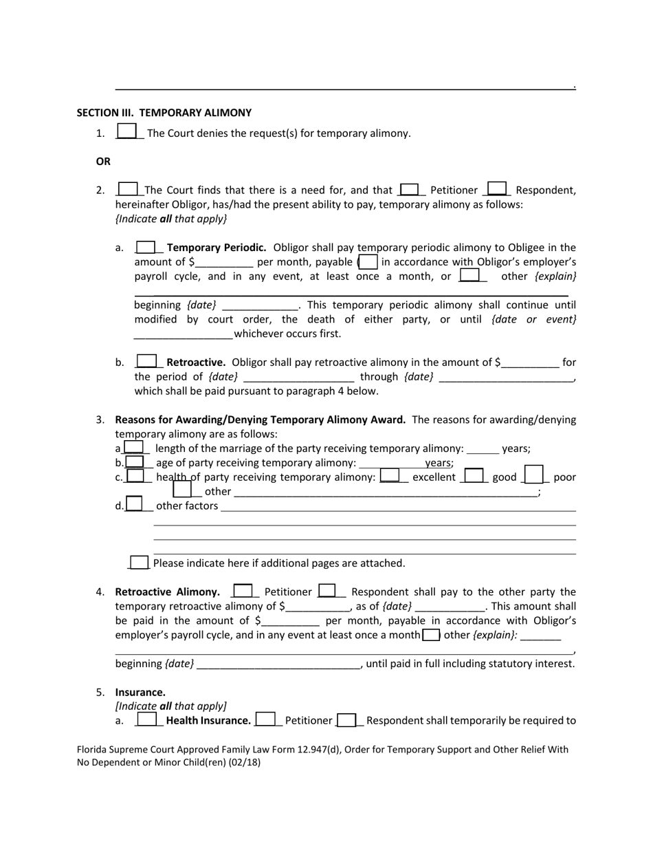 Form 12.947(D) Order for Temporary Support and Other Relief With No Dependent or Minor Child(Ren) - Florida, Page 4