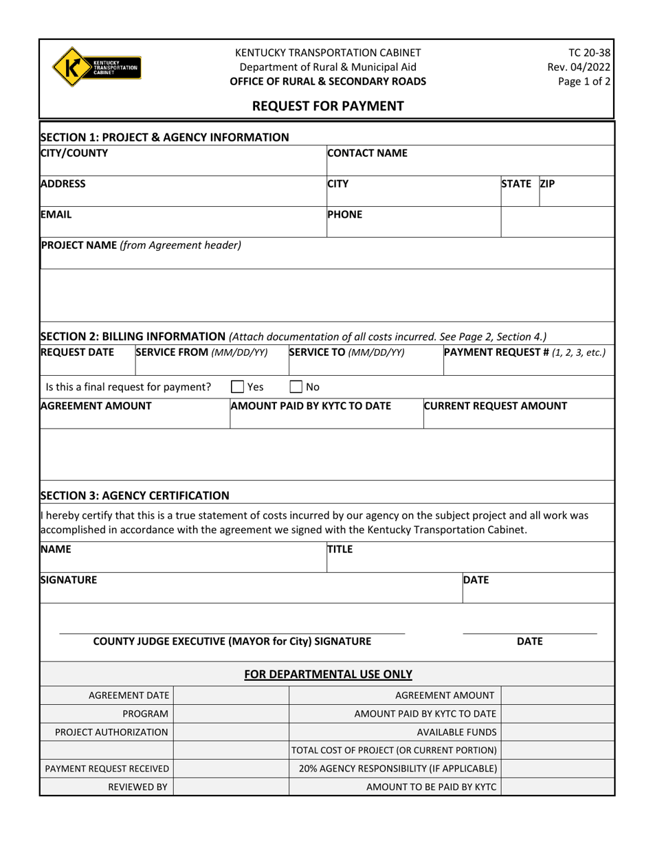 Form TC20-38 Request for Payment - Kentucky, Page 1