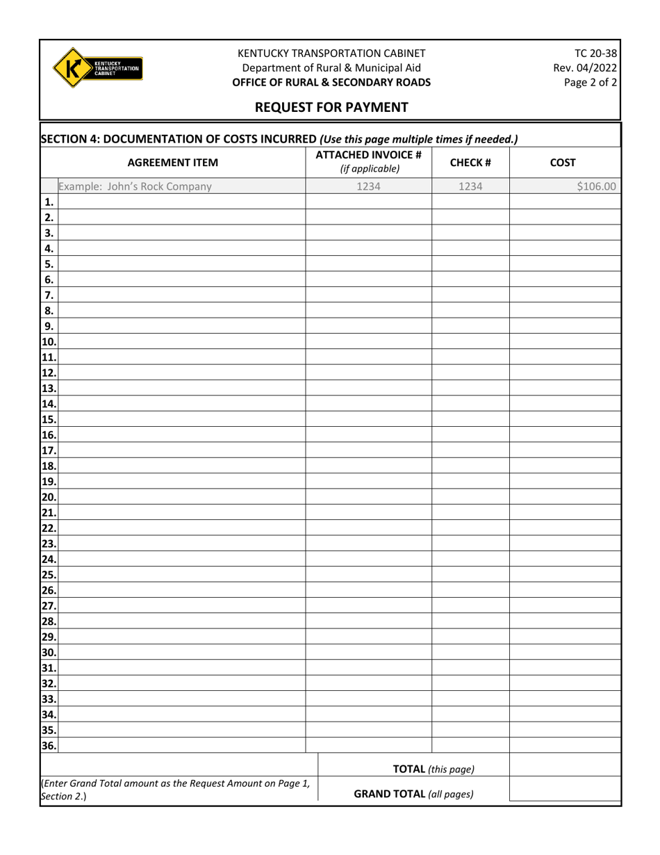 Form TC20-38 Request for Payment - Kentucky, Page 2