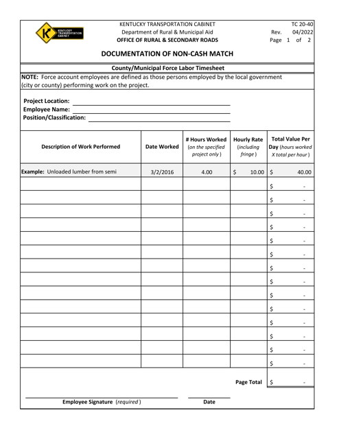 Form TC20-40 Documentation of Non-cash Match - Kentucky