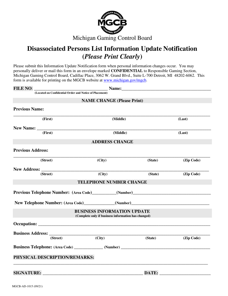 Form MGCB-AD-1015 Disassociated Persons List Information Update Notification - Michigan, Page 1