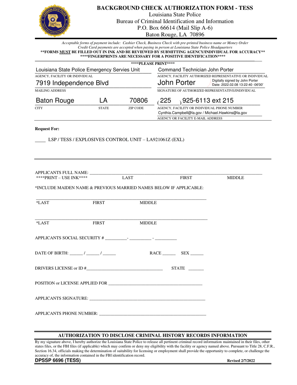 Form DPSSP6696 (TESS) Background Check Authorization Form - Tess - Louisiana, Page 1