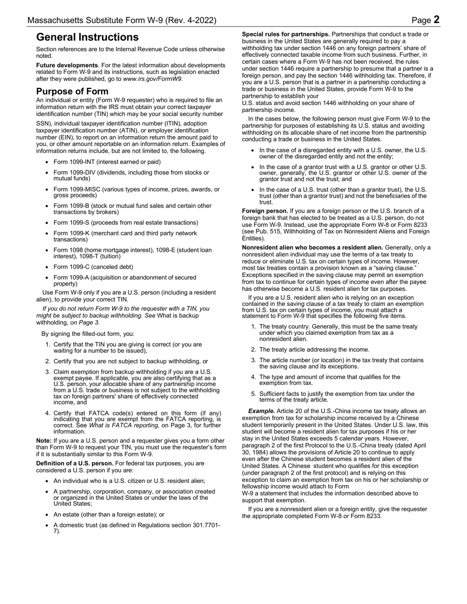 Instructions for Form W-9 Substitute Form - Massachusetts, Page 1