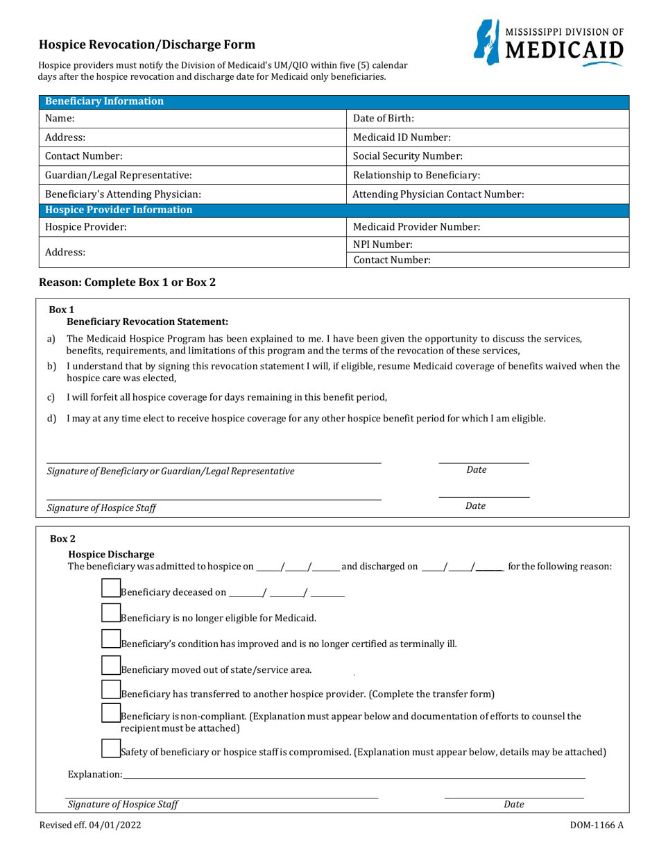 Hospice Revocation Form.pdf Form DOM-1166 A Download Fillable PDF or Fill Online Hospice Revocation ...