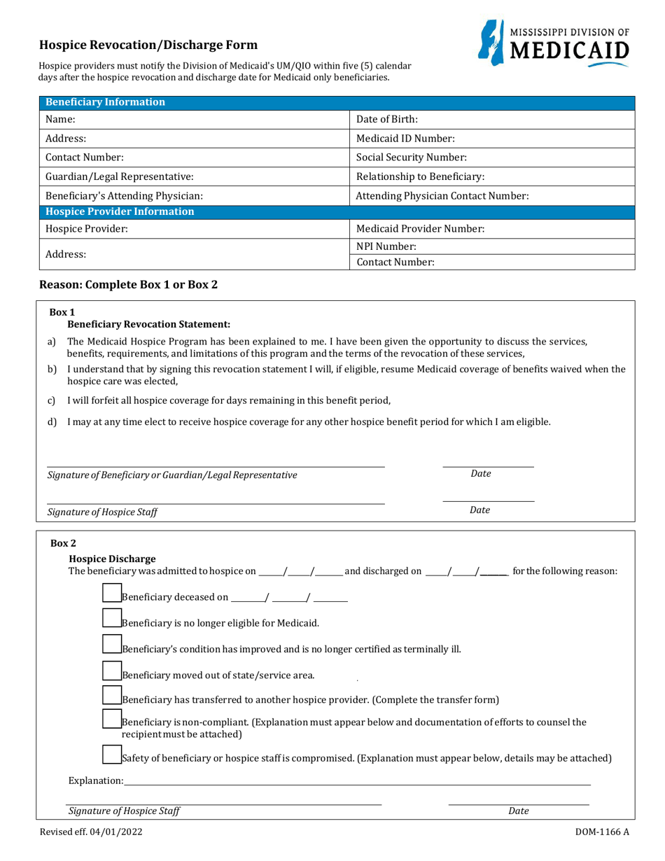 Form DOM-1166 A Hospice Revocation/Discharge Form - Mississippi, Page 1
