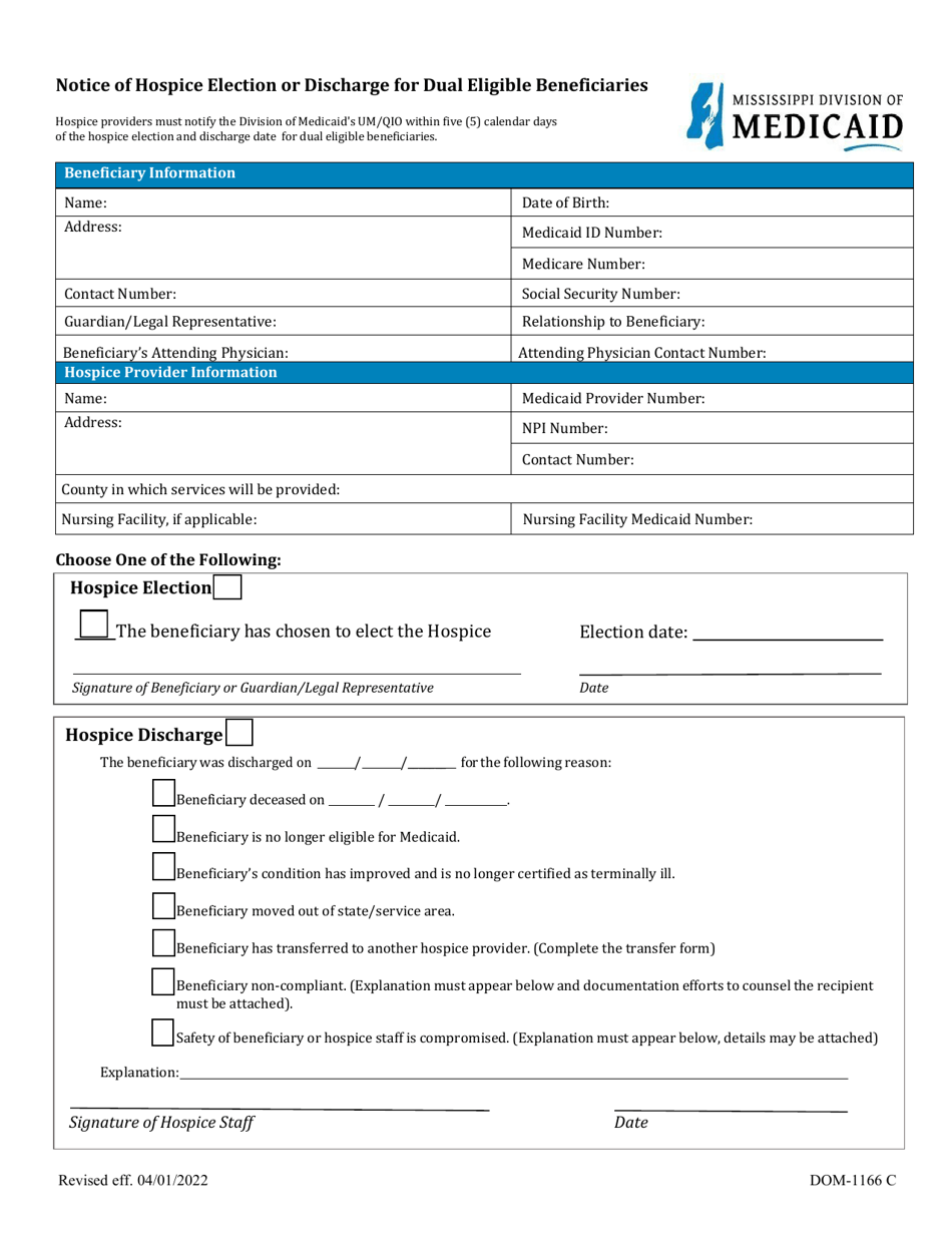 Form DOM-1166 C Notice of Hospice Election or Discharge for Dual Eligible Beneficiaries - Mississippi, Page 1
