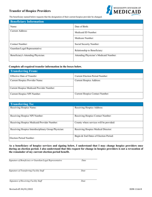 Form DOM-1166 B Transfer of Hospice Providers - Mississippi