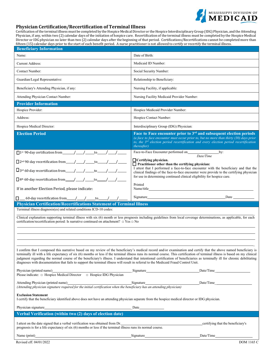 Form DOM1165 C Physician Certification/Recertification of Terminal Illness - Mississippi, Page 1