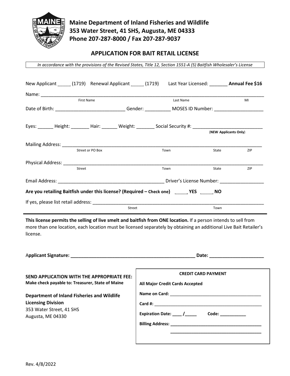 Application for Bait Retail License - Maine, Page 1