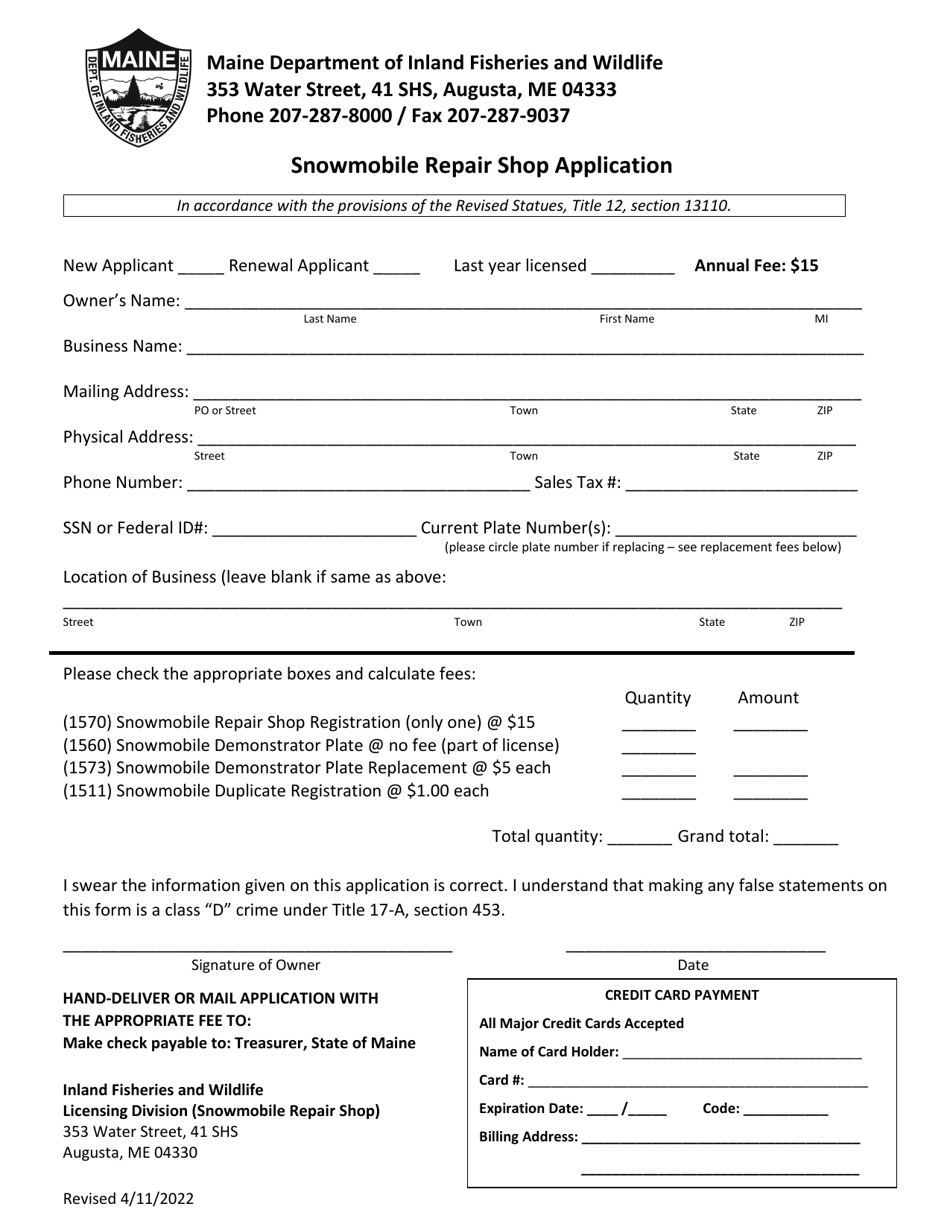 Maine Snowmobile Repair Shop Application Fill Out, Sign Online and