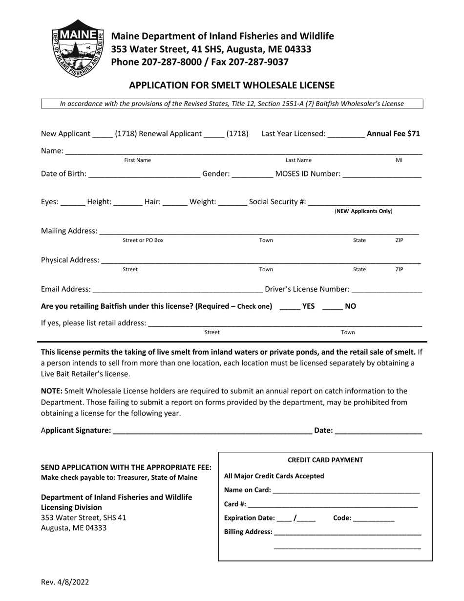 Application for Smelt Wholesale License - Maine, Page 1