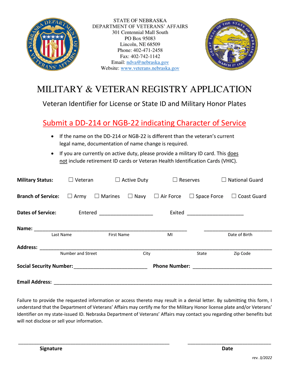 Military  Veteran Registry Application - Nebraska, Page 1