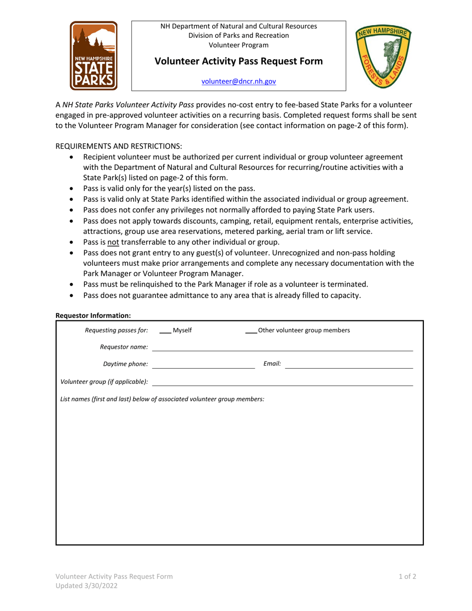 Volunteer Activity Pass Request Form - New Hampshire, Page 1
