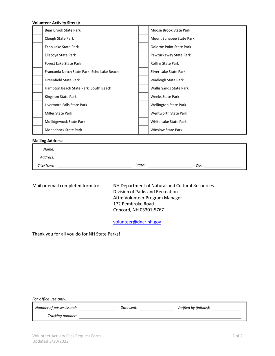 Volunteer Activity Pass Request Form - New Hampshire, Page 2