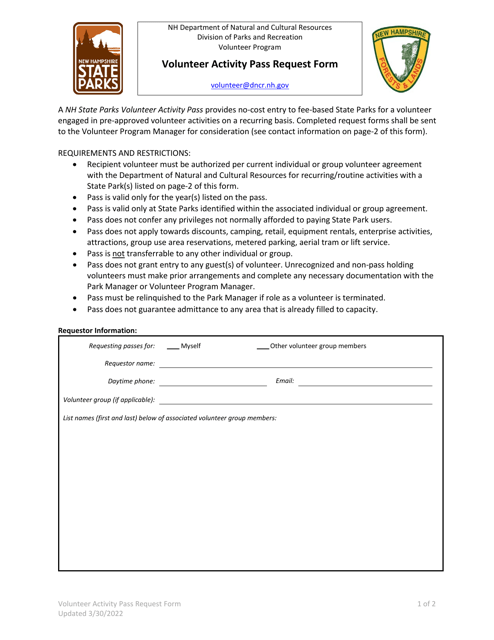 "Volunteer Activity Pass Request Form" - New Hampshire Download Pdf