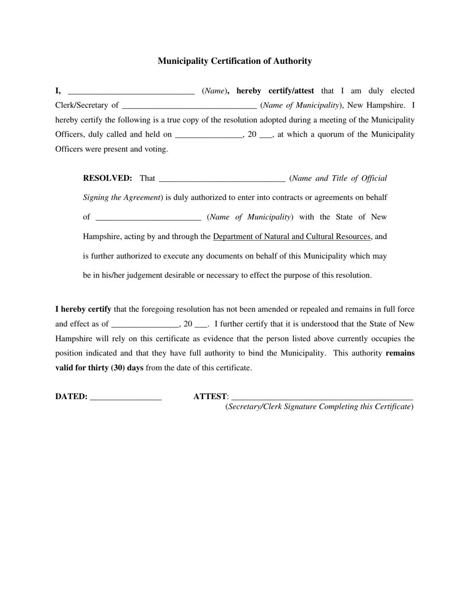 Municipality Certification of Authority - Recreational Trails Program - New Hampshire, Page 1