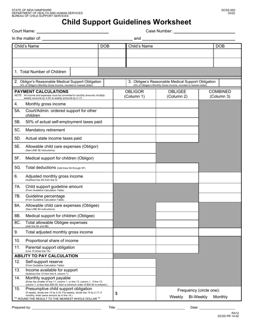 Form DCSS650 Child Support Guidelines Worksheet - New Hampshire