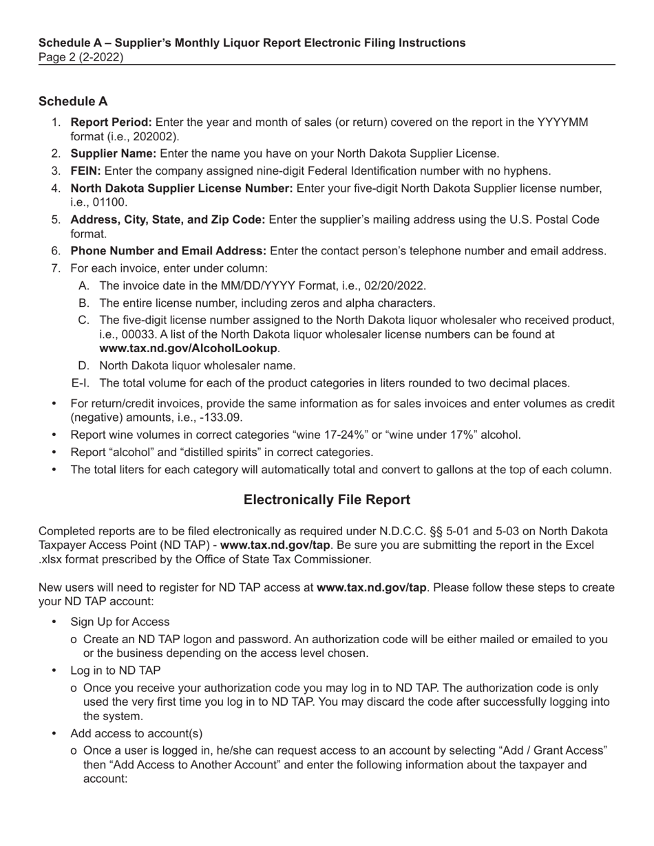 Instructions for Schedule A Suppliers Monthly Liquor Report of Sales to North Dakota Wholesalers - North Dakota, Page 2