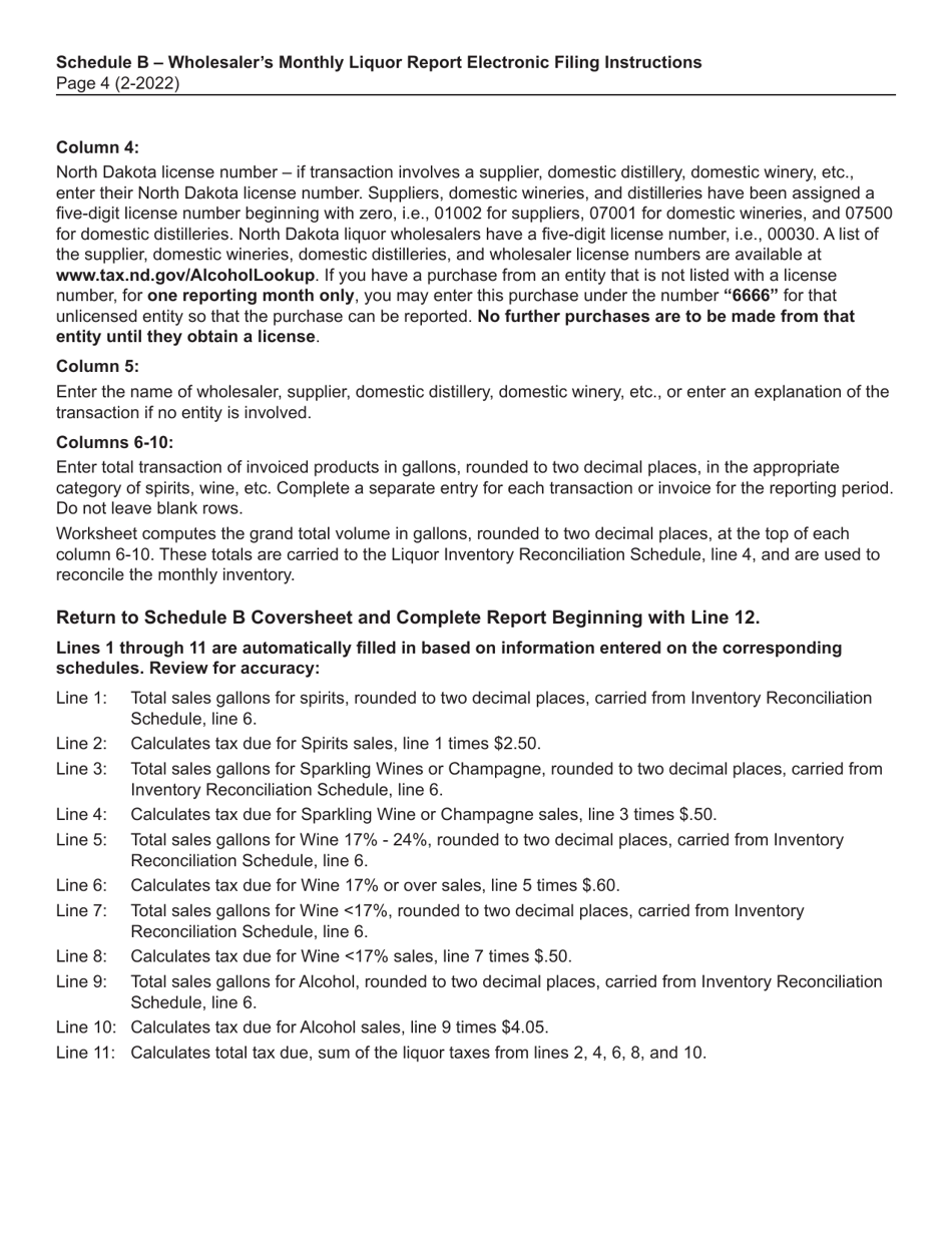 Instructions for Schedule B North Dakota Wholesalers Monthly Liquor Report - North Dakota, Page 4