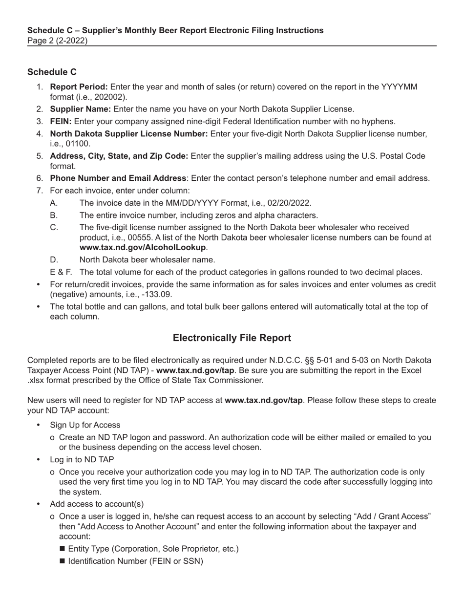 Instructions for Schedule C Suppliers Monthly Beer Report of Sales to North Dakota Wholesalers - North Dakota, Page 2