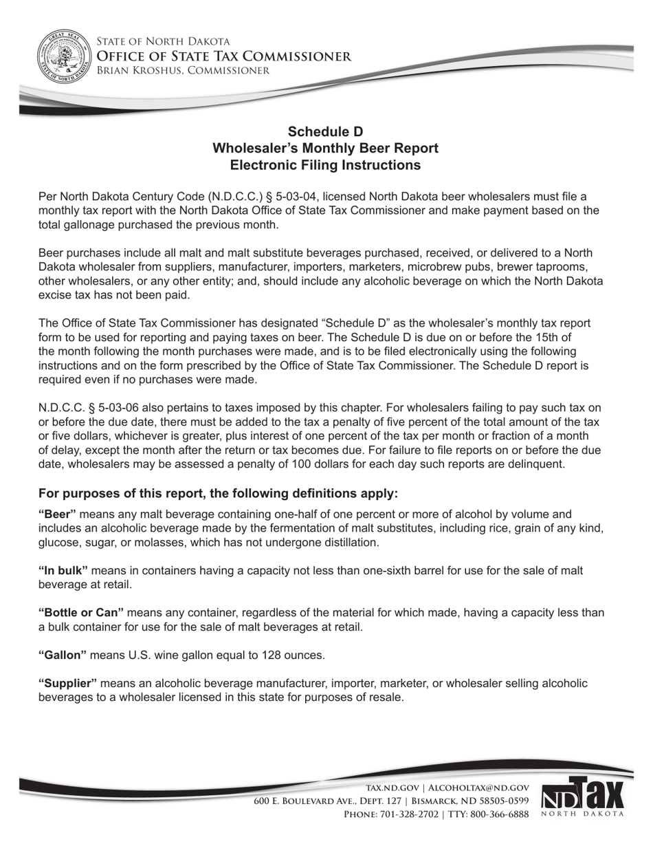 Instructions for Schedule D Monthly Wholesaler Beer Report - North Dakota, Page 1
