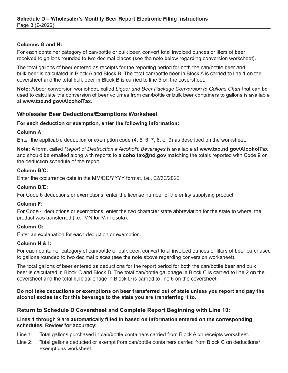 Instructions for Schedule D Monthly Wholesaler Beer Report - North Dakota, Page 3