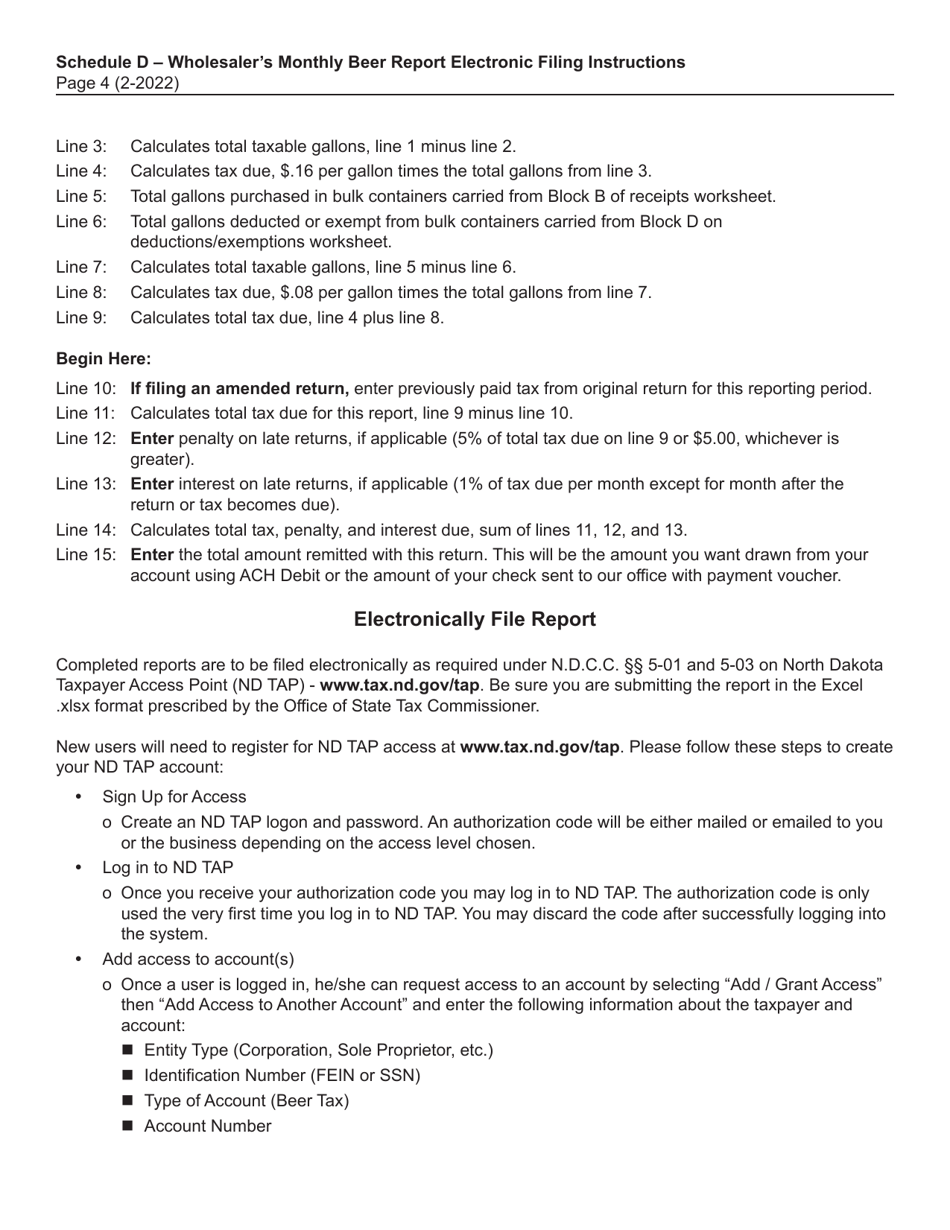 Instructions for Schedule D Monthly Wholesaler Beer Report - North Dakota, Page 4