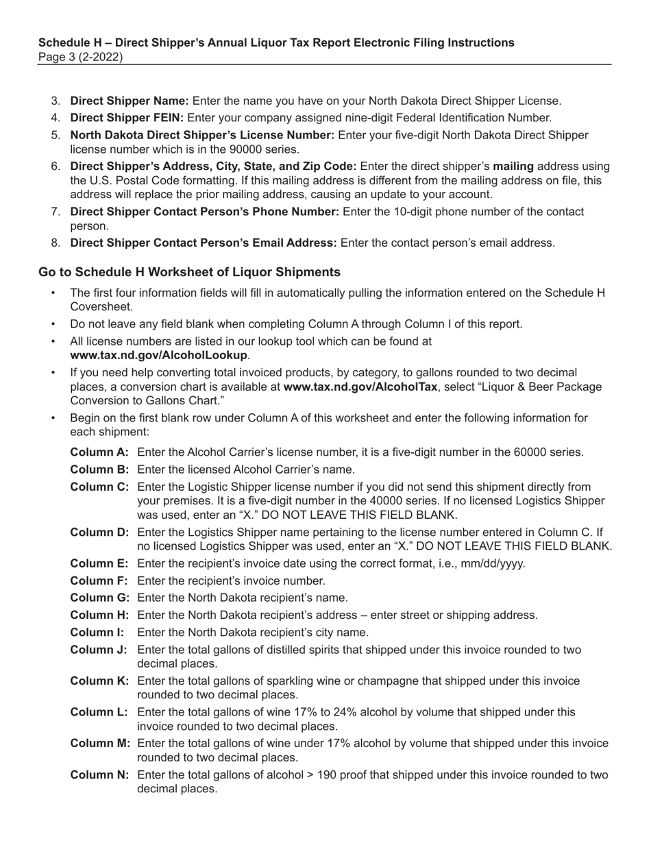 Instructions for Schedule H Direct Shippers Annual Beer Tax Report - North Dakota, Page 3